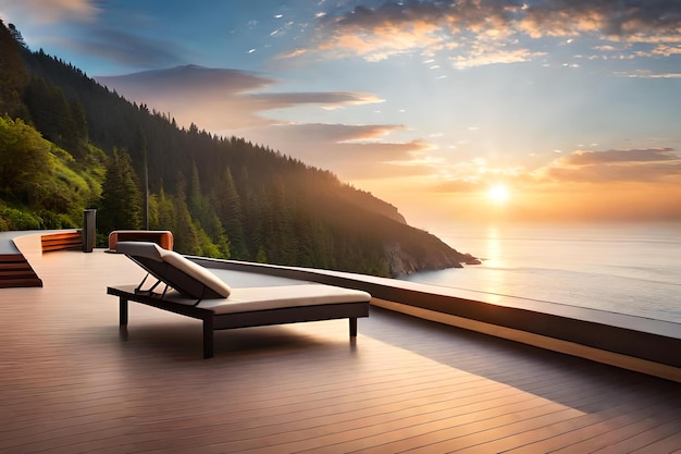 A balcony with a view of the ocean and a sunset.