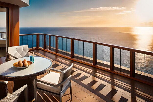 A balcony with a view of the ocean and a table with a plate of food on it.