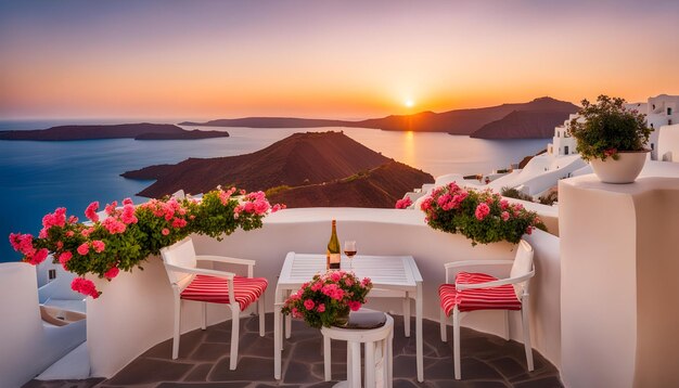 a balcony with a view of the sea and a bottle of wine