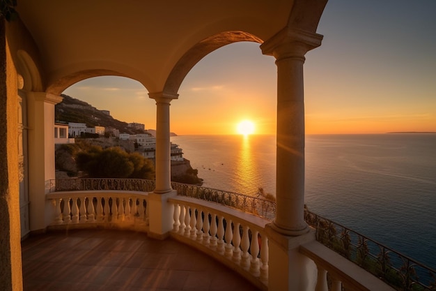 A balcony with a view of the sea and the sun setting