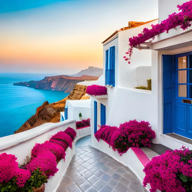 A balcony with a view of the sea and the words " santorini " on the right.