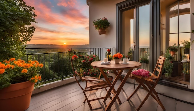 a balcony with a view of the sunset and the view