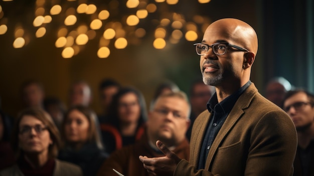 A bald AfricanAmerican man giving a speech in front of a crowd