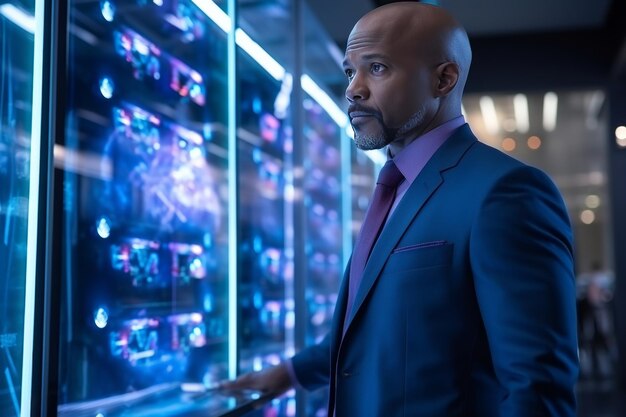 A bald black man in a suit and tie watches the work of a huge innovative AI server