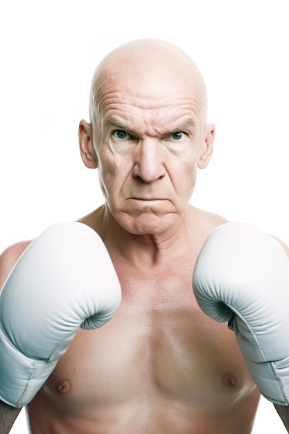 Bald boxer 4060 in white gloves poses closeup