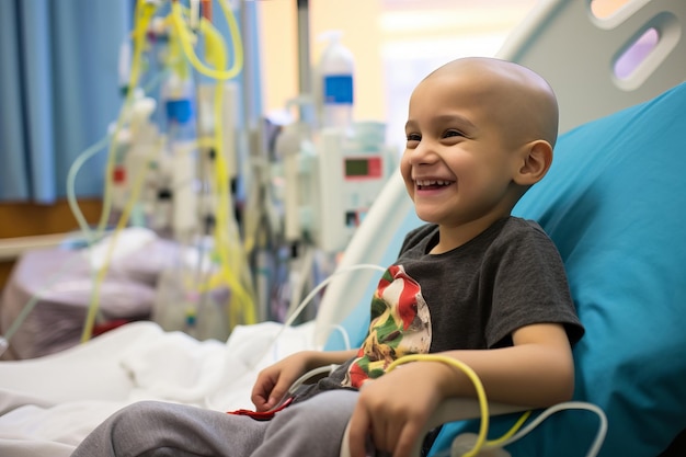 Bald boy smiling in cancer hospital bed