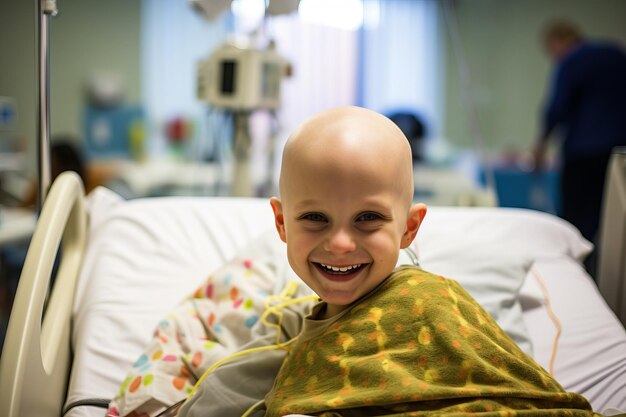 Bald boy smiling in cancer hospital bed