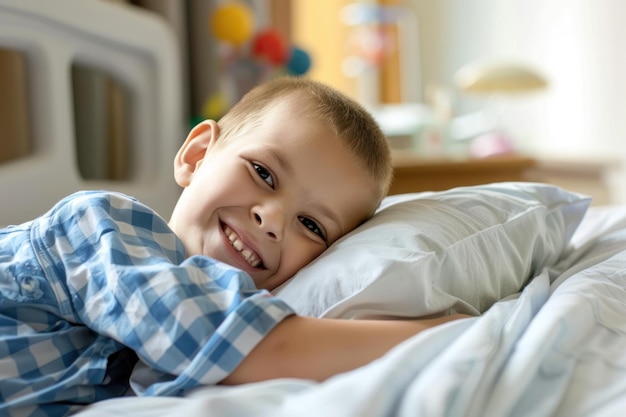 Foto ragazzo calvo che sorride nel letto dell'ospedale per il cancro