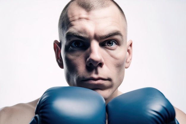 Bald Caucasian boxer in blue gloves closeup studio portrait on white