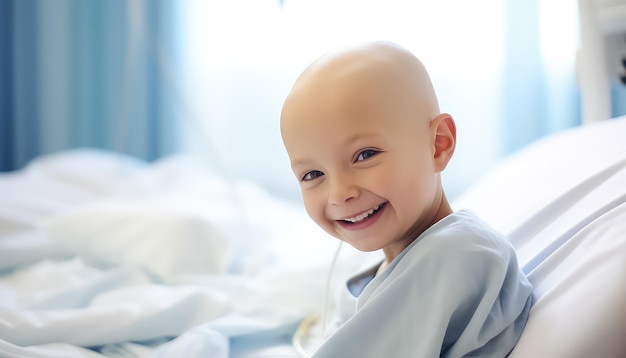 Bald child in hospital being treated for cancer