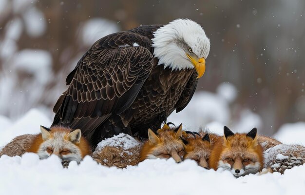 写真 雪の中の白の鷹と赤いキツネ体の上に座って頭を下ろしている鷹の写真