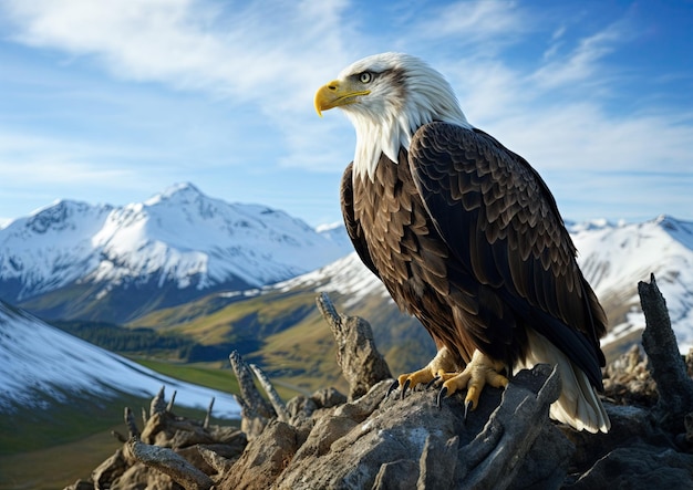 Photo bald eagle on the background of snowy mountains