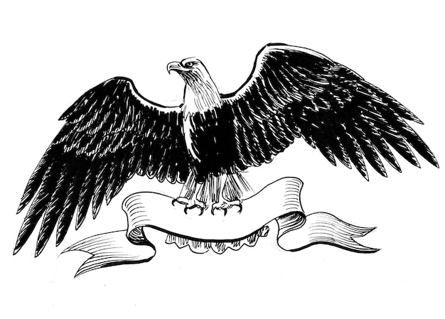 Photo bald eagle and blank banner. ink black and white drawing