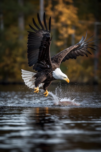 A bald eagle catches a fish in the water