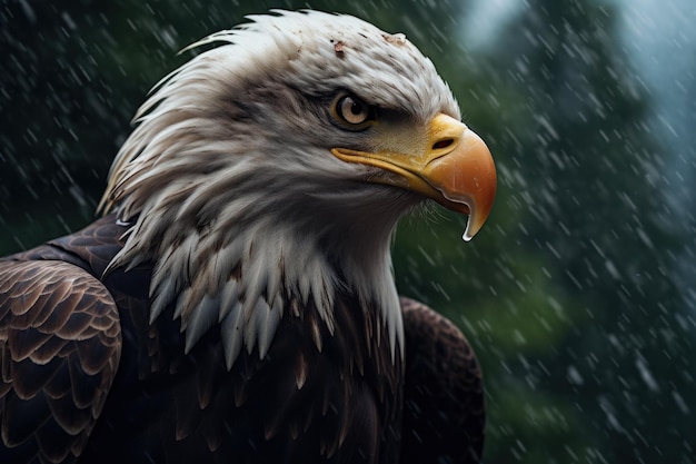 bald eagle caught in heavy rain on top of a cliff