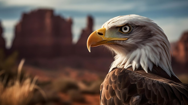 A bald eagle in the desert with a blurred background