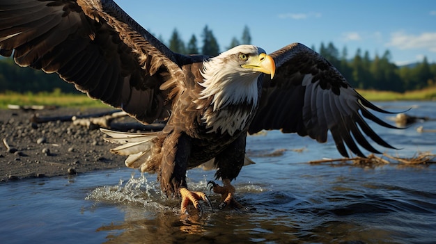 Bald Eagle duikt naar beneden om een vis te vangen op de rivier