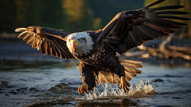 Foto bald eagle duikt naar beneden om een vis te vangen op de rivier