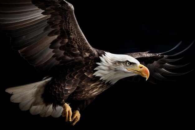 A bald eagle flies in the dark