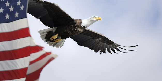 Photo a bald eagle flies over a flag that says'eagle'on it '