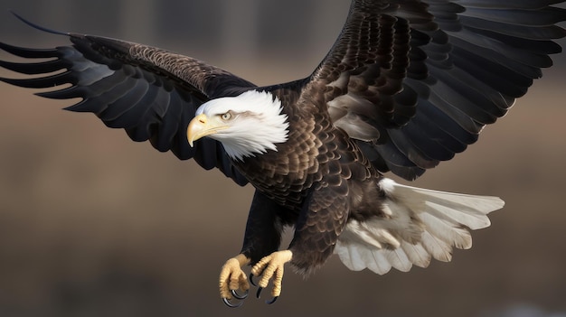 A bald eagle flies in front of a blurred background.