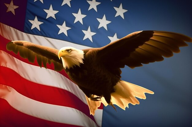 A bald eagle flies in front of a flag that says'freedom'on it