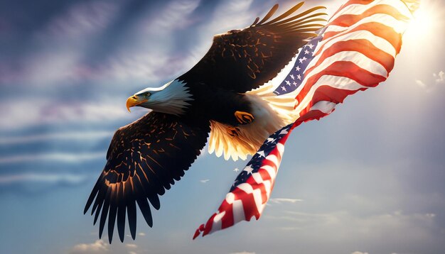 Photo a bald eagle flies in front of a flag that says039freedom 039