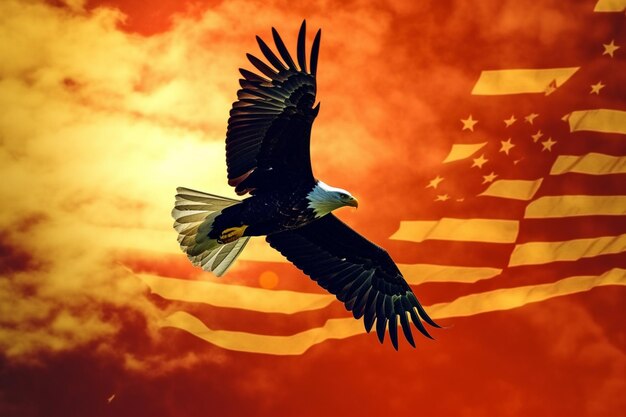 A bald eagle flies in front of a flag with the words