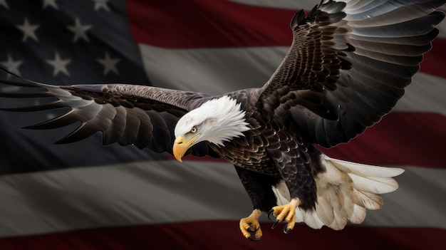 A bald eagle flies in front of a flag