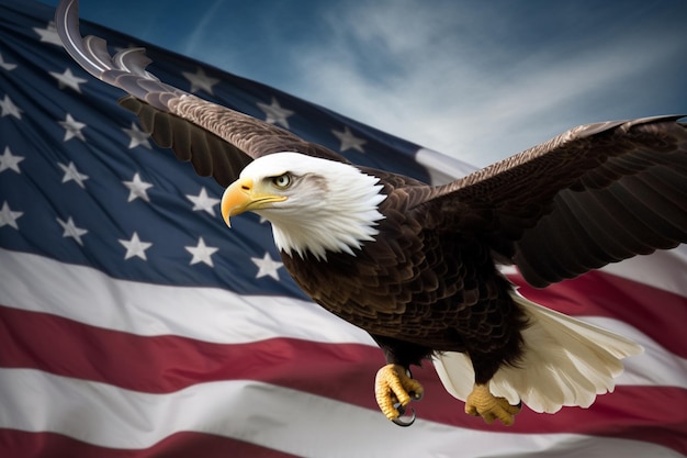 A bald eagle flies in front of a flag