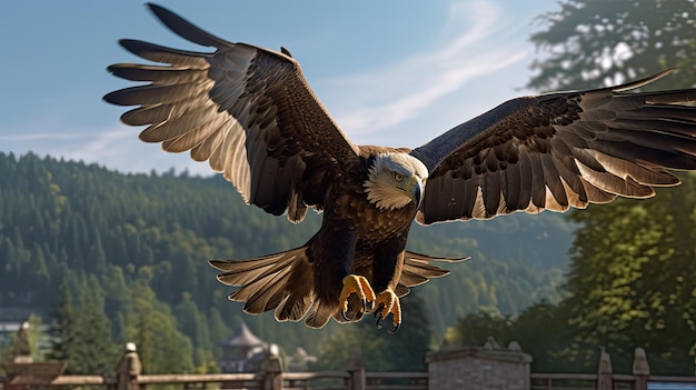 A bald eagle flies over a mountain with trees in the background.