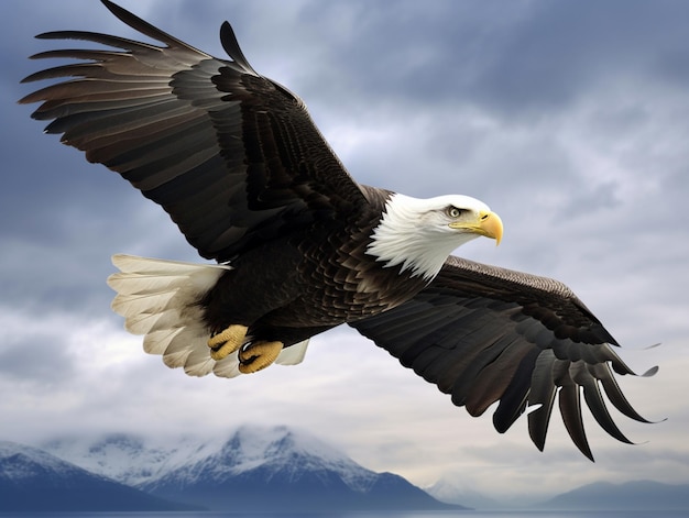 A bald eagle flies over a mountain.