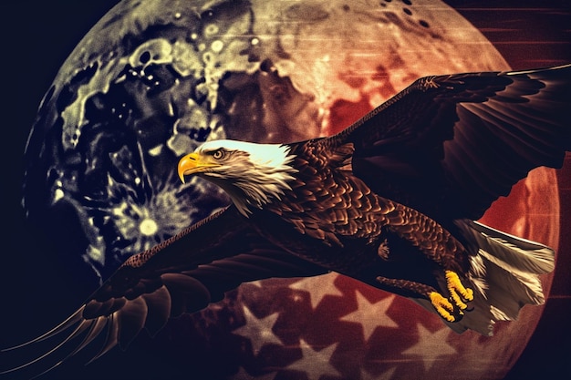 Photo a bald eagle flies over a planet with the words 