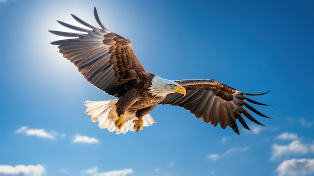 a bald eagle flies in the sky with the sun behind him.