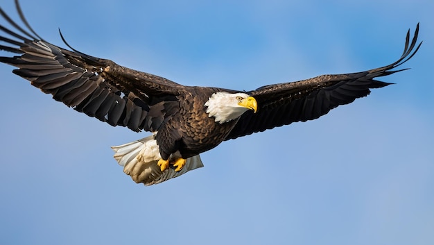 A bald eagle flies in the sky