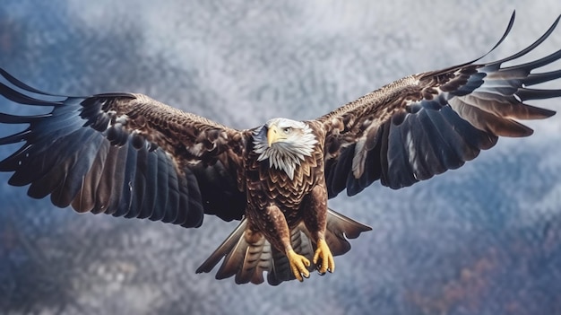 Un'aquila calva vola nel cielo con le ali spalancate.