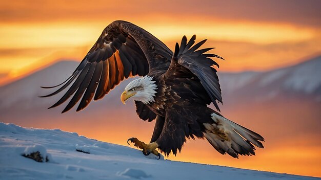 Bald Eagle in flight over a frozen lake with snow and blue sky winter photography