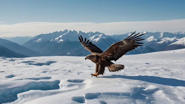 Bald Eagle in flight over the lake Winter landscape with snow and mountains