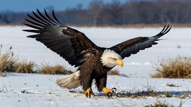 Bald Eagle in flight over the lake Winter landscape with snow and mountains
