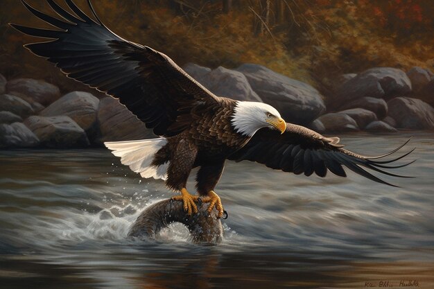 Bald Eagle in flight over the river 3D rendering