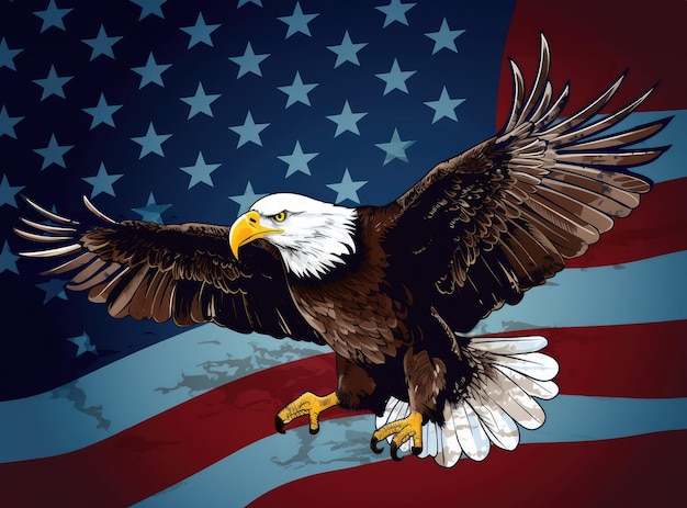 Bald Eagle flying on the background of the American flag Vector illustration