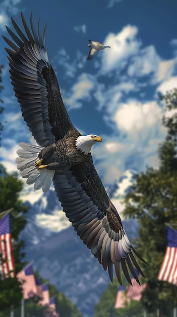 Photo bald eagle flying over flaglined street