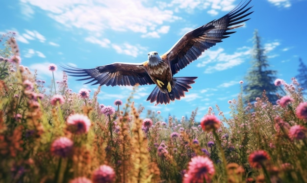 Bald Eagle Flying on Flower Field Blue Sky Background Generative Ai
