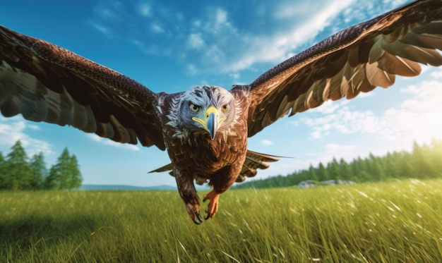 Bald Eagle Flying on Green Field Blue Sky Background Generative Ai