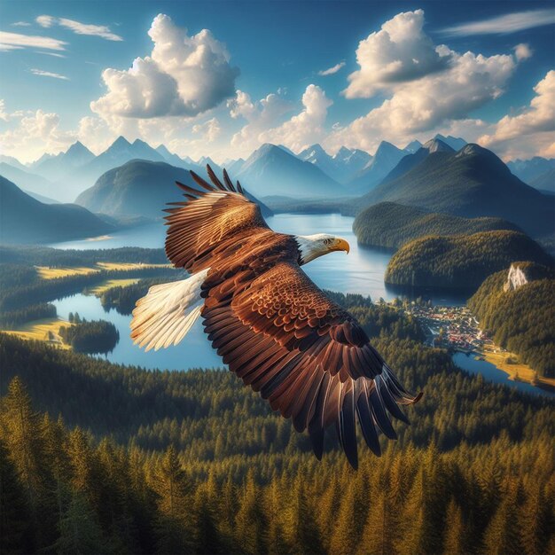 Photo bald eagle flying over the lake colorful autumn landscape