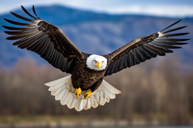 a bald eagle flying over a lake with mountains in the background