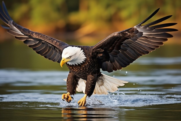 Photo bald eagle flying low over a lake skimming the waters surface
