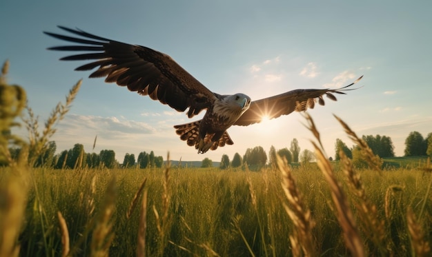 Bald Eagle Flying op groen veld Blauwe hemelachtergrond Generatieve Ai