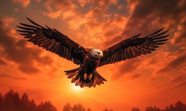 Bald Eagle Flying op zonsondergang achtergrond Generatieve Ai