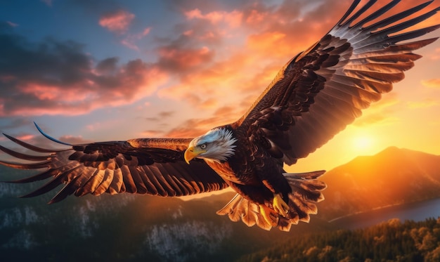 Bald Eagle Flying op zonsondergang achtergrond Generatieve Ai